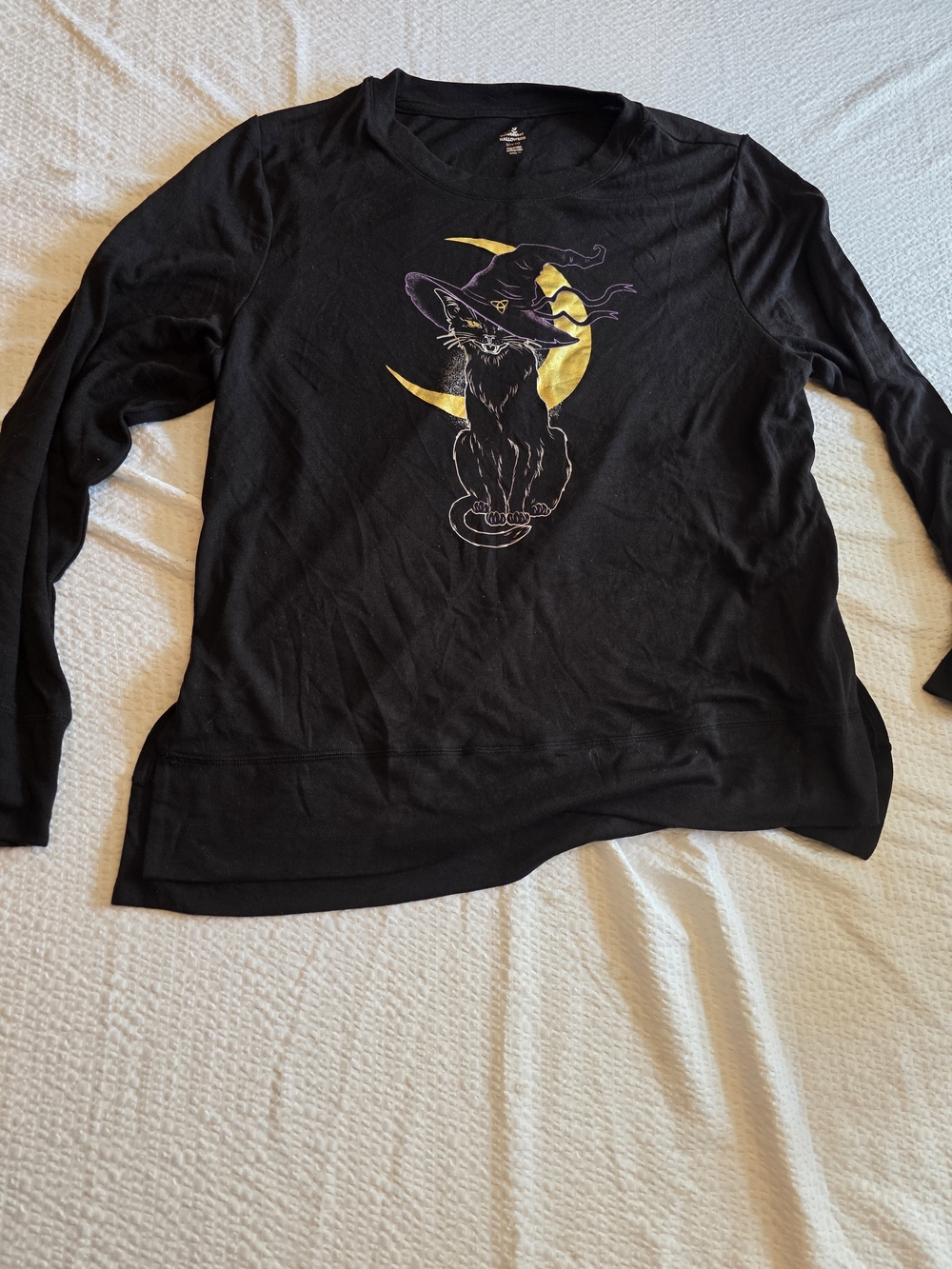 Black Long Sleeve Tee with Witch Cat and Yellow Moon Graphic